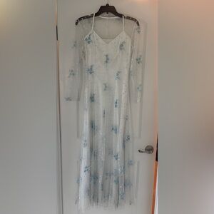 Elegant White and Blue Floral Dress